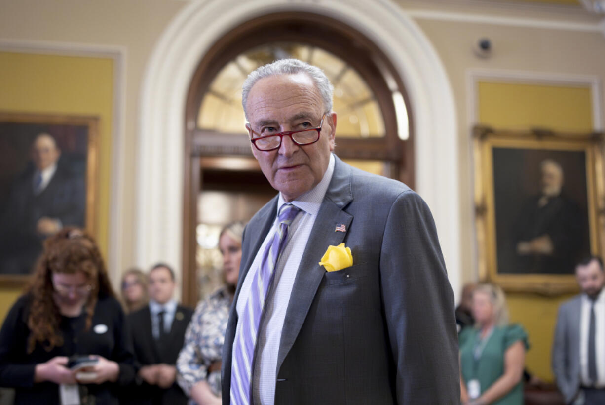 FILE - Senate Majority Leader Chuck Schumer, D-N.Y., pauses before talking with reporters after a meeting with fellow Democrats, at the Capitol in Washington, Tuesday, June 4, 2024. Senate Democrats are holding a vote to move forward with legislation designed to protect women&rsquo;s access to contraception. The test vote on Wednesday comes as the Senate has abandoned hopes for doing serious bipartisan legislation before the election and as Senate Majority Leader Chuck Schumer and Democrats are trying to instead spotlight issues that they believe can help them win the presidency and keep the Senate in November. (AP Photo/J.