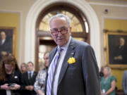 FILE - Senate Majority Leader Chuck Schumer, D-N.Y., pauses before talking with reporters after a meeting with fellow Democrats, at the Capitol in Washington, Tuesday, June 4, 2024. Senate Democrats are holding a vote to move forward with legislation designed to protect women&rsquo;s access to contraception. The test vote on Wednesday comes as the Senate has abandoned hopes for doing serious bipartisan legislation before the election and as Senate Majority Leader Chuck Schumer and Democrats are trying to instead spotlight issues that they believe can help them win the presidency and keep the Senate in November. (AP Photo/J.