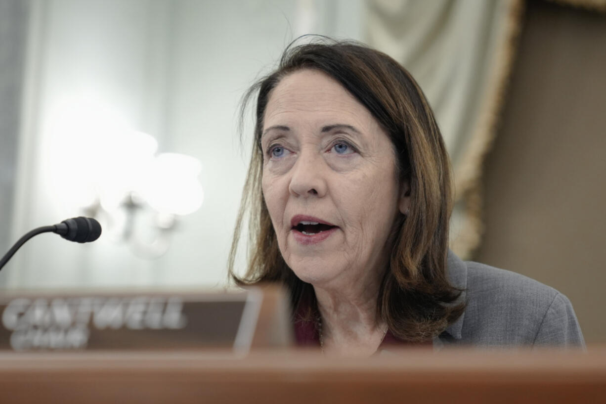 Sen. Maria Cantwell, D-Wash., asks a question during a Senate Commerce, Science, and Transportation Committee hearing to examine FAA oversight of aviation on Capitol Hill Thursday, June 13, 2024, in Washington.