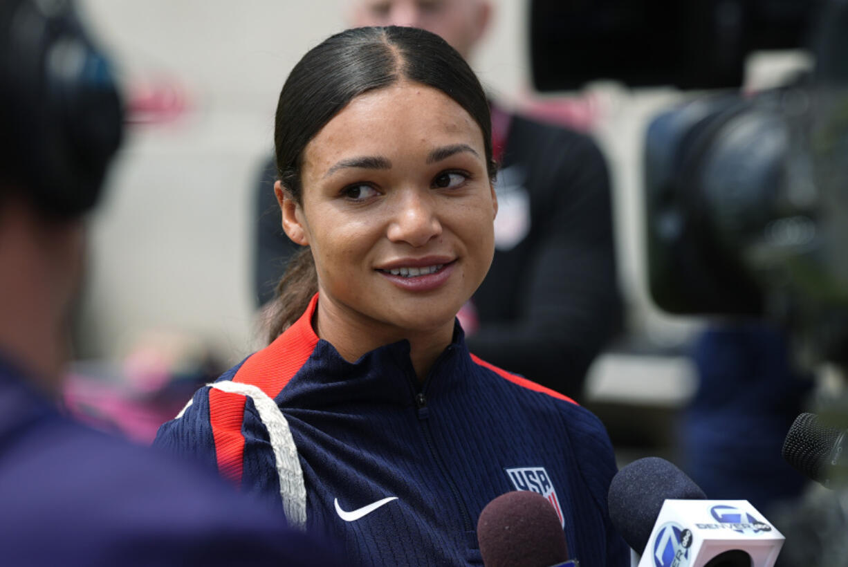 United States national women&rsquo;s soccer team player Sophia Smith talks to reporters before a practice to prepare for a friendly match against South Korea, Friday, May 31, 2024, in Commerce City, Colo.