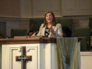 The Rev. Meredith Stone welcomes participants to the 2022 Baptist Women in Ministry Annual Gathering, June 28, 2022, at Wilshire Baptist Church, Dallas, Texas. The organization plans prayer gatherings in support of Baptist female pastors outside the Southern Baptist Convention&rsquo;s annual meeting in Indianapolis June 11-12, 2024.