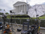 Broadcast media equipment is set up outside the Supreme Court on Thursday, June 27, 2024, in Washington.