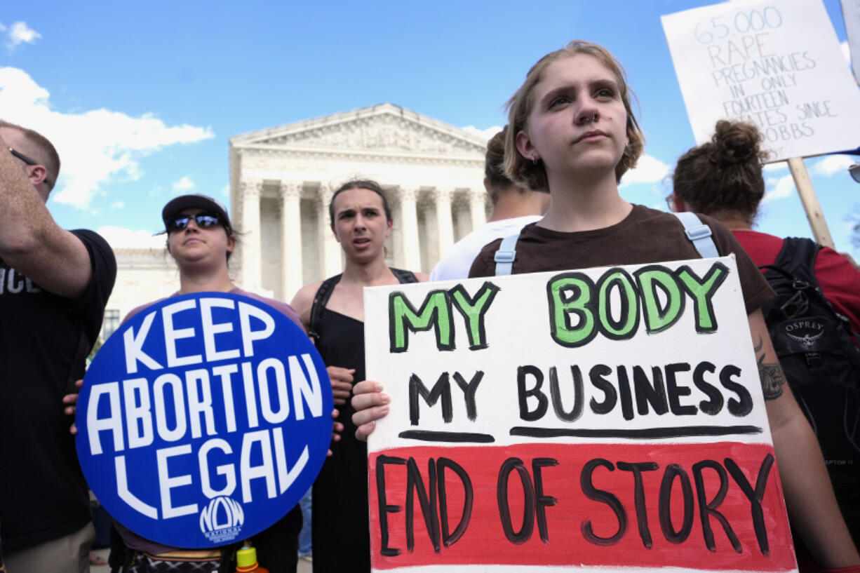 Abortion rights activists and Women&rsquo;s March leaders protest as part of a national day of strike actions Monday outside the Supreme Court in Washington.