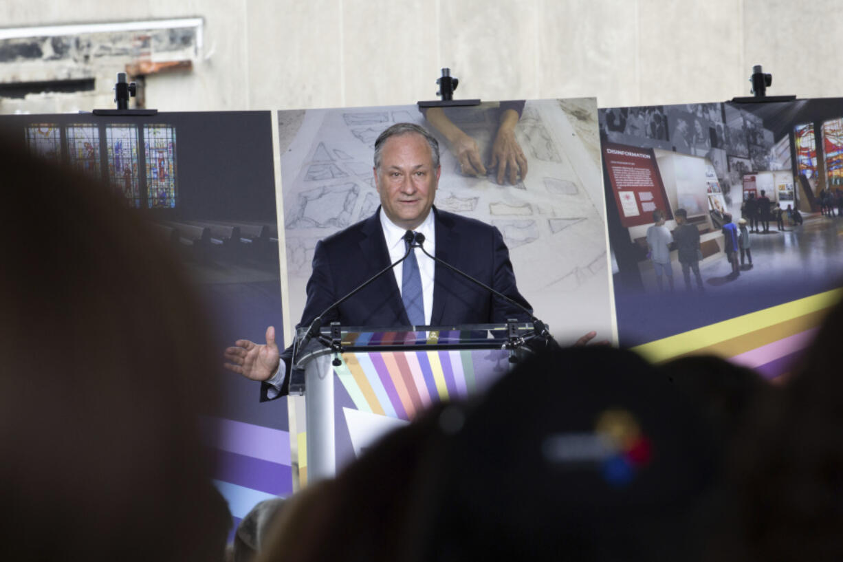 Second gentleman Doug Emhoff gives remarks during the groundbreaking ceremony for the new Tree of Life complex in Pittsburgh, Sunday, June 23, 2024. The new structure is replacing the Tree of Life synagogue where 11 worshipers were murdered in 2018 in the deadliest act of antisemitism in U.S. history.