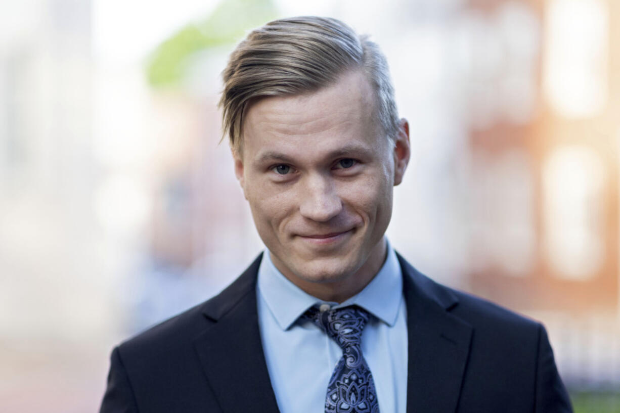 Jacob Joseph Dix arrives at the Albemarle County Circuit Court in Charlottesville, Va., Tuesday, June 4, 2024. Years after a white nationalist rally erupted in violence in Charlottesville,  a trial is set to begin Tuesday for Dix ,one of the people charged with using flaming torches to intimidate counterprotesters.  (AP Photo/Ryan M.