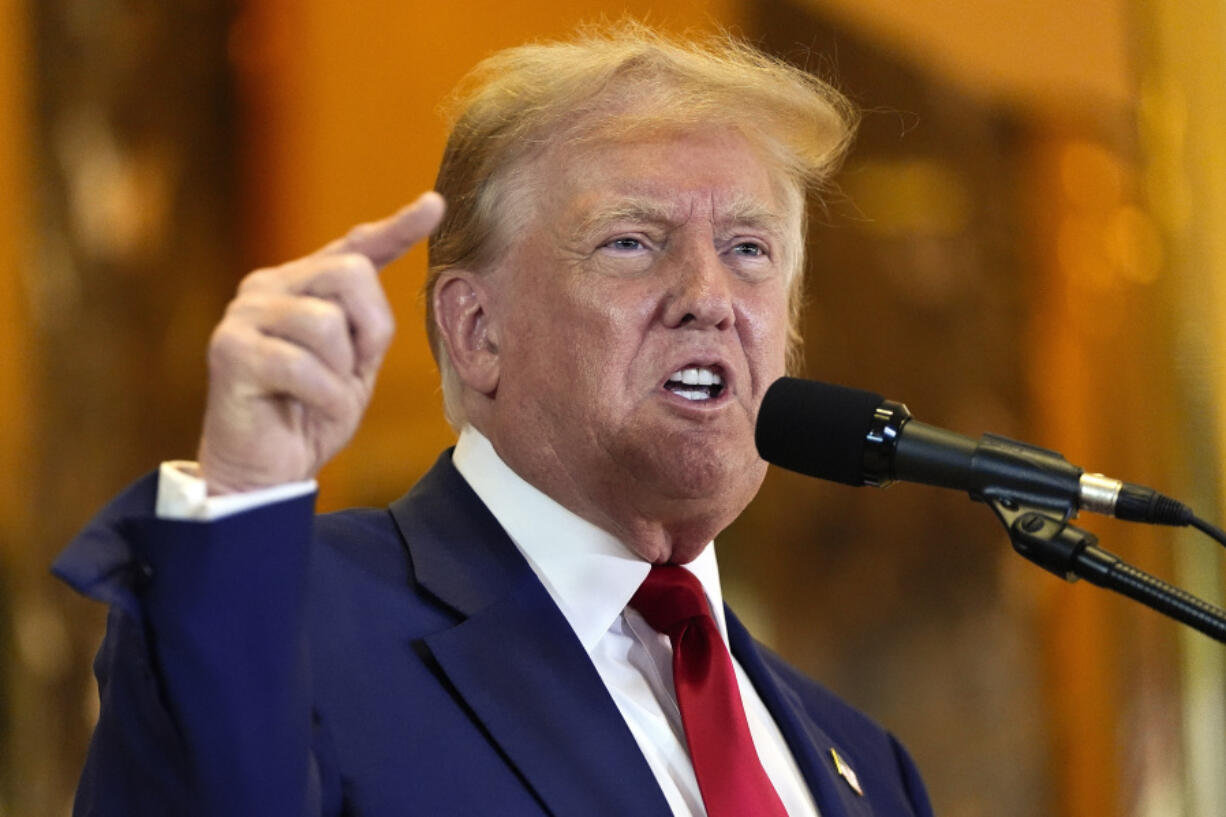 FILE - Former President Donald Trump speaks during a news conference at Trump Tower, May 31, 2024, in New York. Manhattan prosecutors urged a judge Wednesday to keep Donald Trump&rsquo;s gag order in place in his hush money criminal case at least until the former president is sentenced in July.