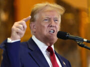 FILE - Former President Donald Trump speaks during a news conference at Trump Tower, May 31, 2024, in New York. Manhattan prosecutors urged a judge Wednesday to keep Donald Trump&rsquo;s gag order in place in his hush money criminal case at least until the former president is sentenced in July.