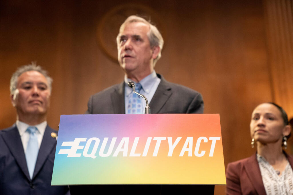 US Senator Jeff Merkley, Democrat of Oregon, speaks during a news conference introducing the Equality Act, at the US Capitol in Washington, D.C., on June 21, 2023.