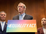 US Senator Jeff Merkley, Democrat of Oregon, speaks during a news conference introducing the Equality Act, at the US Capitol in Washington, D.C., on June 21, 2023.