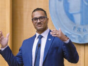 Rob Saka, Council District No. 1, speaks after being sworn in as a new City Council member Monday, Jan. 2, 2024, in Seattle. (Ellen M.