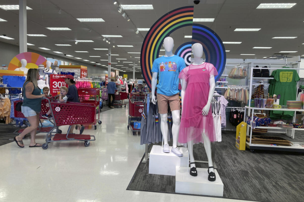 FILE -  A Pride month merchandise display is at the front of a Target store in Dickson City, Pennsylvania, on Friday, May 26, 2023. Pride Month starts Saturday, June 1, 2024,  across the U.S. and the globe, an annual celebration of LGBTQ+ people and culture. The main events are parades and festivals held in cities large and small.