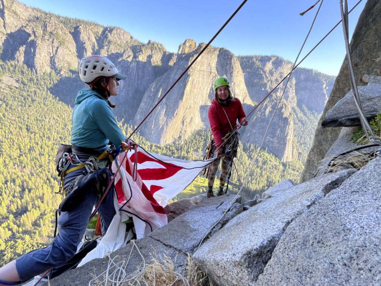 Climbers With Palestine, a rock climbing activist collective, hang a banner reading &ldquo;Stop the genocide&rdquo; from El Capitan in Yosemite Valley, Calif., Monday, June 17, 2024.