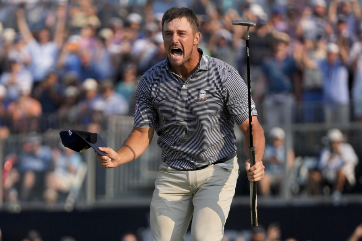 Bryson DeChambeau celebrates after winning the U.S. Open golf tournament Sunday, June 16, 2024, in Pinehurst, N.C.