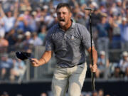 Bryson DeChambeau celebrates after winning the U.S. Open golf tournament Sunday, June 16, 2024, in Pinehurst, N.C.