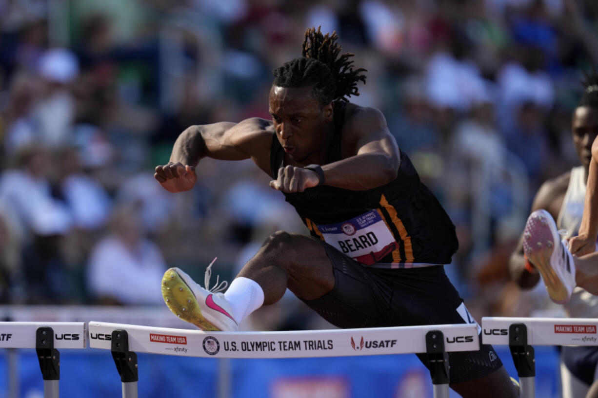 Dylan Beard competes a heat in the men&rsquo;s 110-meter hurdles during the U.S. Track and Field Olympic Team Trials Monday, June 24, 2024, in Eugene, Ore.