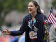 Kara Winger celebrates after competing in the women&#039;s javelin throw final during the U.S. Track and Field Olympic Team Trials, Sunday, June 30, 2024, in Eugene, Ore.