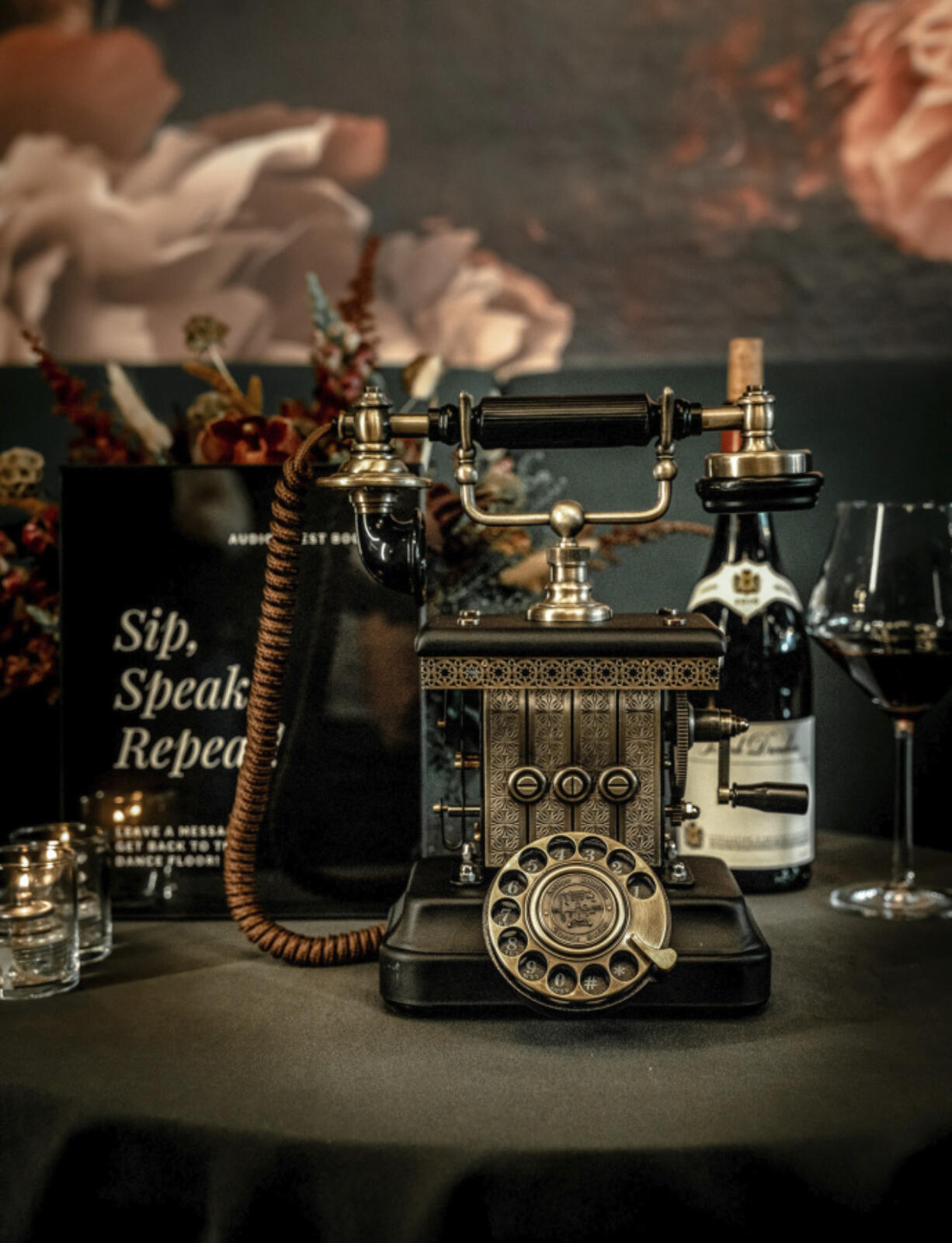 This photo shows an audio wedding guestbook offered for rent by F&ecirc;teFone. The bridal market is crowded with companies renting or selling vintage phones for guests to record their well wishes.