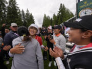 Amy Yang, of South Korea, is congratulated after winning the Women&#039;s PGA Championship golf tournament at Sahalee Country Club, Sunday, June 23, 2024, in Sammamish, Wash.