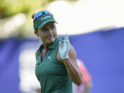 Lexi Thompson reacts after making birdie on the 12th hole during the first round of the Women&#039;s PGA Championship golf tournament at Sahalee Country Club, Thursday, June 20, 2024, in Sammamish, Wash.