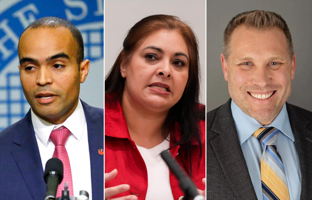 U.S. Attorney Nick Brown, from left, state Sen. Manka Dhingra, D-Redmond, and Pasco Mayor Pete Serrano are running for Washington state AG in the August primary.