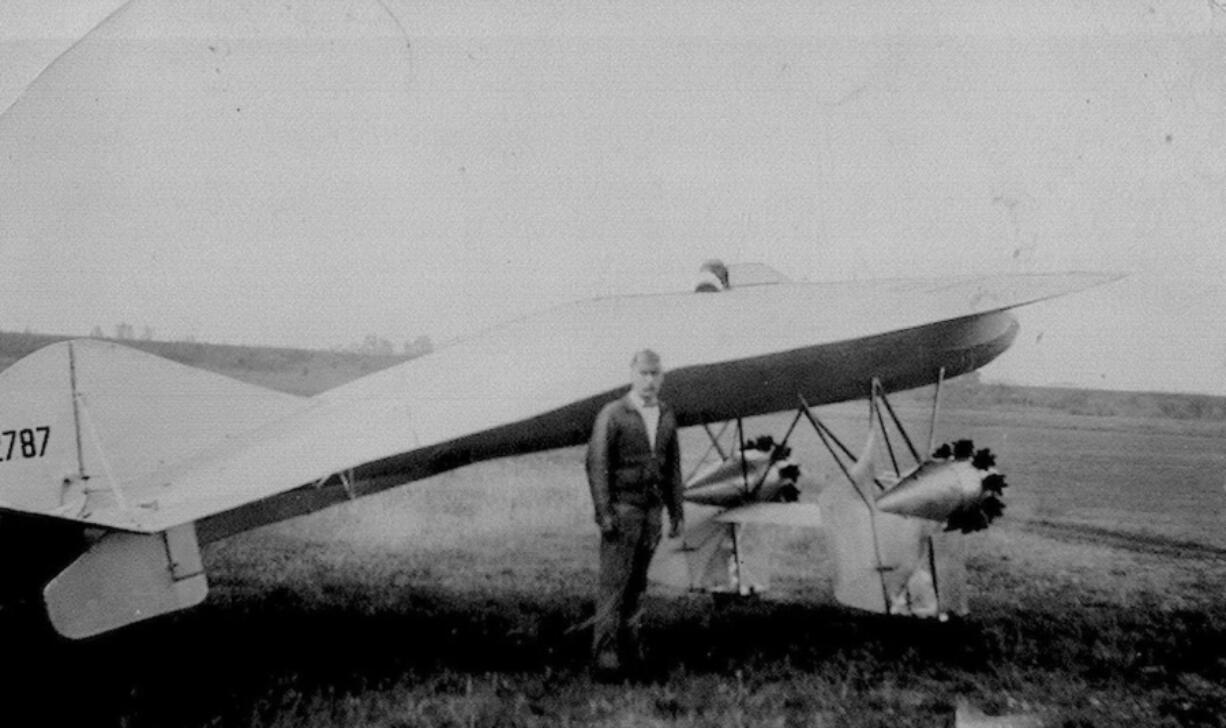 Local pilot and inventor Marvin Joy stands next to his experimental wingless plane that he called the &ldquo;pumpkin seed.&rdquo; The plane was flown twice at Pearson Field, in perhaps the first test of a lifting body aircraft.