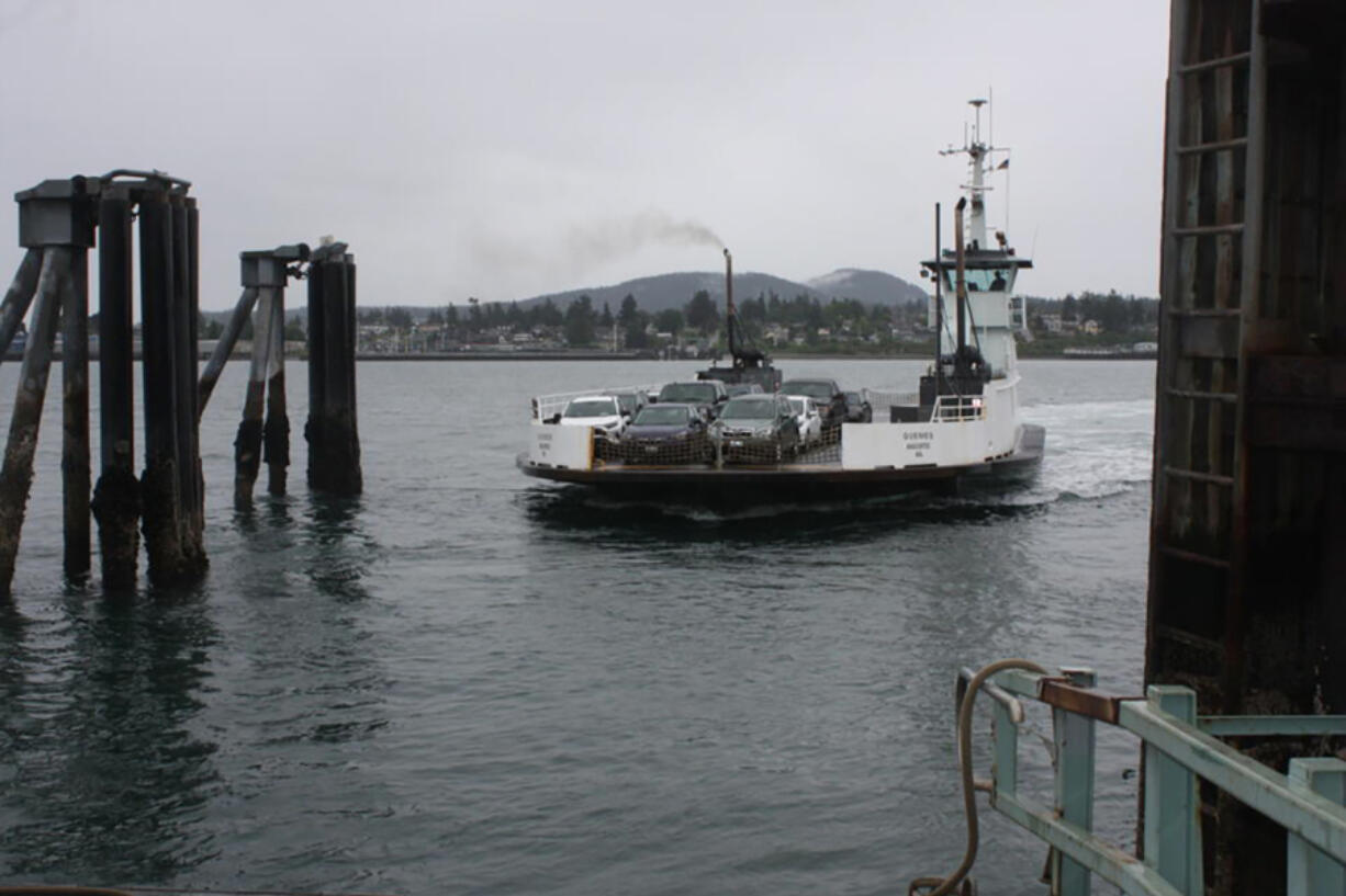 The M/V Guemes crosses the channel between Anacortes and Guemes Island. The 45-year-old vessel is scheduled to be replaced by a newer model, paid for with cap-and-invest dollars, unless voters decide to kill that program in the fall election.