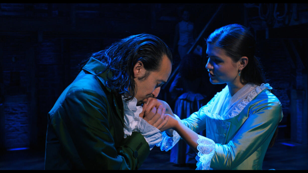 Lin-Manuel Miranda, left, as Alexander Hamilton and Phillipa Soo as Eliza Hamilton in &ldquo;Hamilton,&rdquo; the filmed version of the original Broadway production streaming on Disney+.