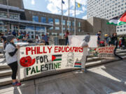 The Philly Educators for Palestine, pictured outside Philadelphia School District headquarters during a May protest, say they support the efforts by National Education Association teachers to adopt a series of action items at this week&rsquo;s meeting. Philadelphia teachers are not part of the NEA. (Steven M.