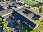 Washougal High School's aging roof is seen in a 2024 aerial photo. The Washougal School District is preparing to replace the roof, which, according to the district, is deteriorating and causing leaks and water damage inside the school.