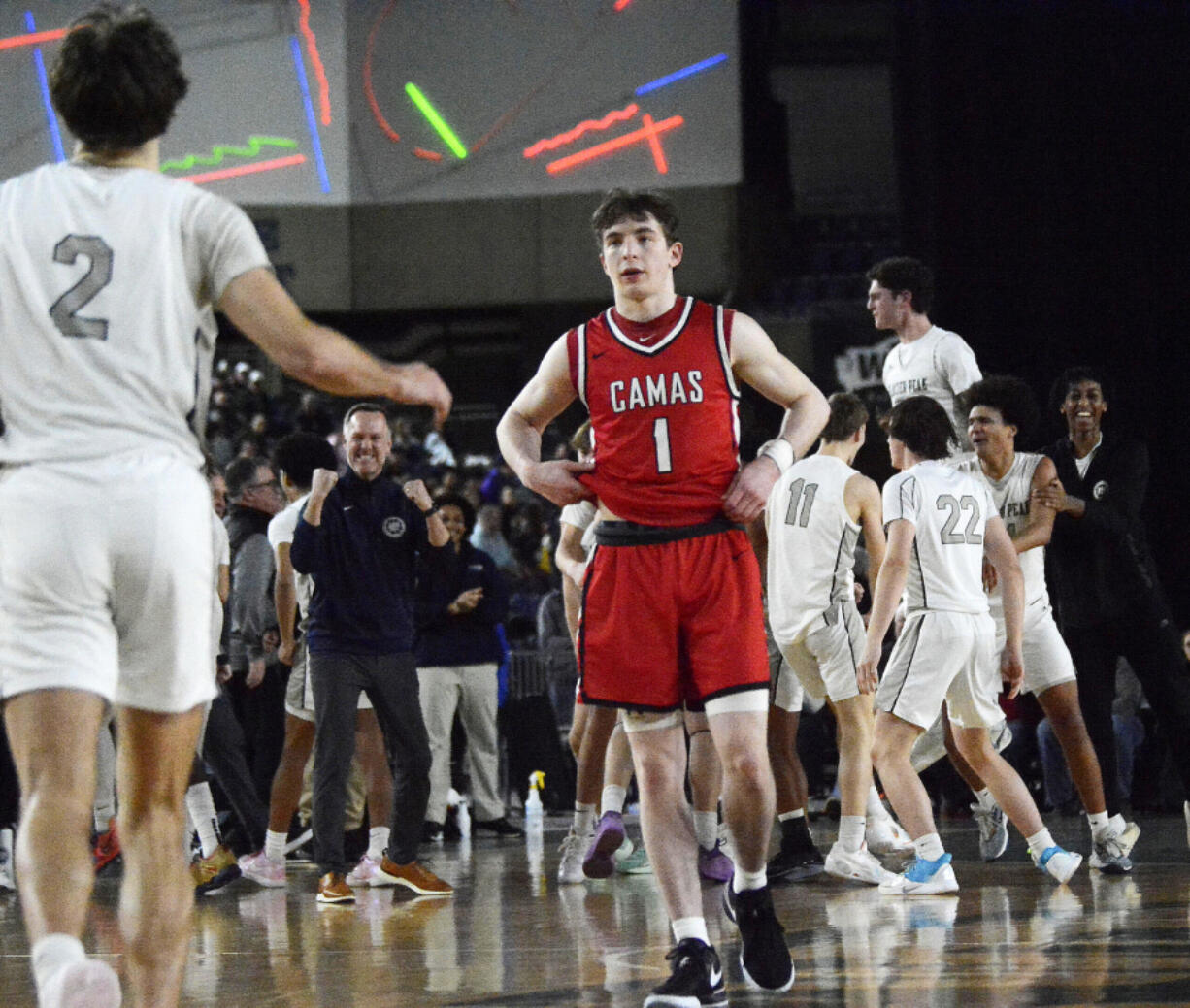 As it turned out, Beckett Currie (1) played his last game for the Camas Papermakers on Feb. 28, a 65-61 loss to Glacier Park in a 4A state Round of 12 game at the Tacoma Dome. Currie had a game-high 26 points on 10 of 17 shooting.