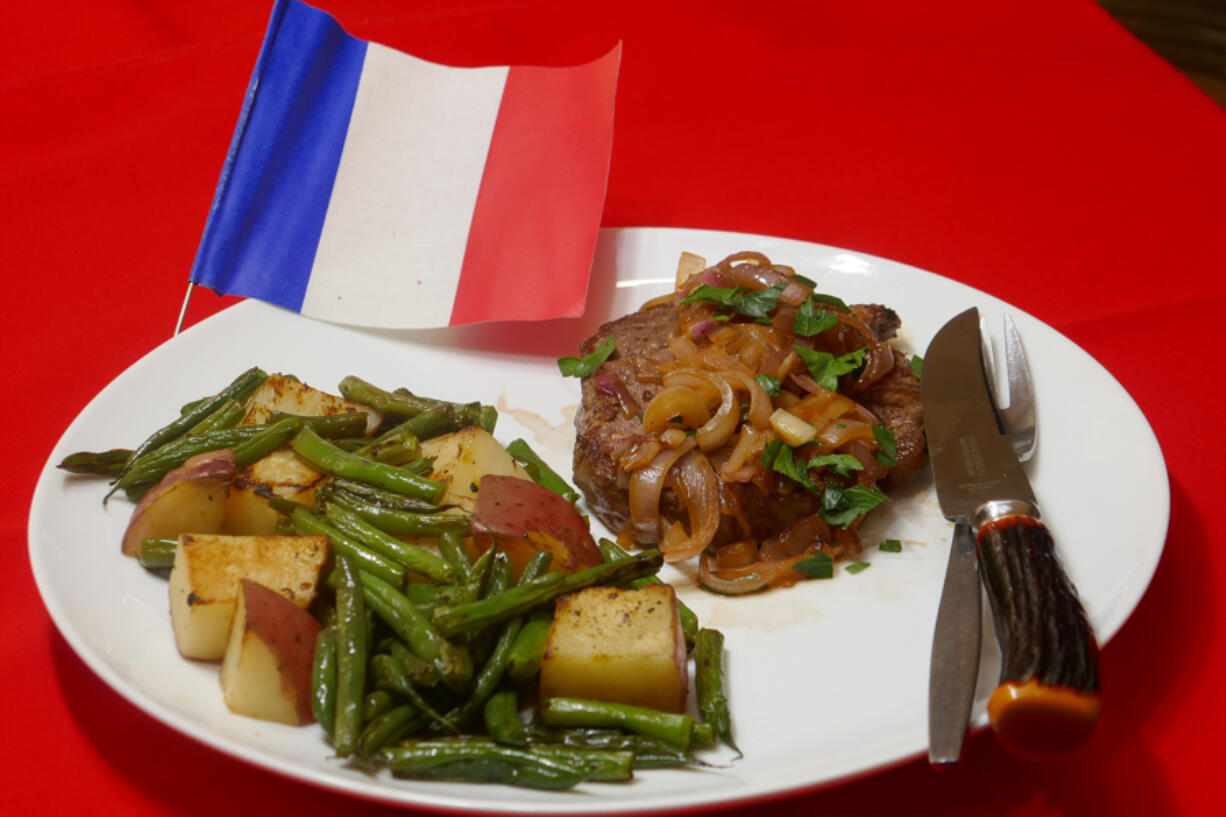 Steak with Shallot Sauce (Steak aux Eschalot) with Potatoes and French Green Beans.