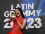 Venezuelan singer Joaquina poses Nov. 16, 2023 with her best new artist award during the 24th Annual Latin Grammy Awards ceremony at the Conference and Exhibition Centre in Sevilla, Spain.