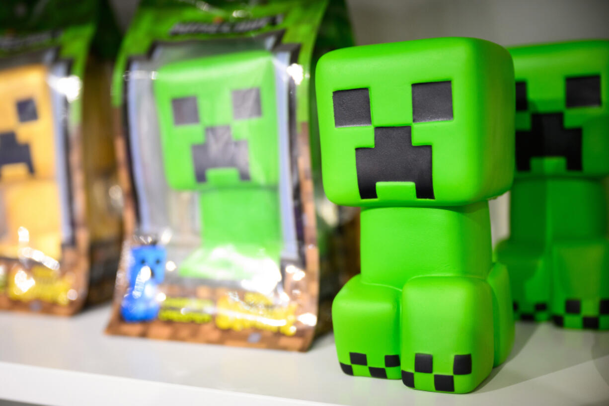 A Minecraft &ldquo;Creeper&rdquo; toy is seen Jan. 27, 2022, at the Toy Fair 2022 in London.