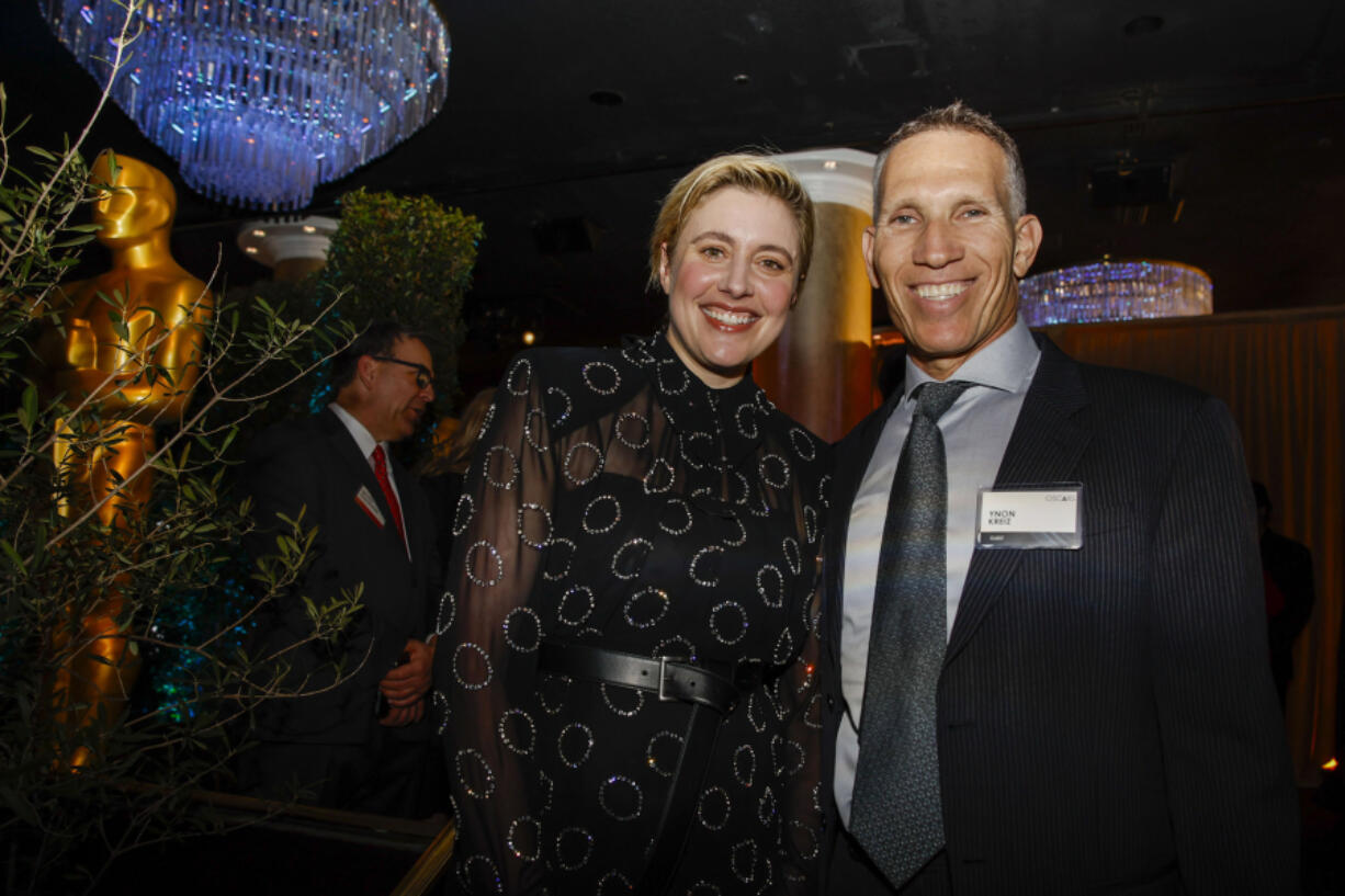 Director Greta Gerwig and Mattel CEO Ynon Kreiz at the 2024 Oscars Nominees Luncheon at the The Beverly Hilton Hotel in Beverly Hills, California, on Feb. 12, 2024.