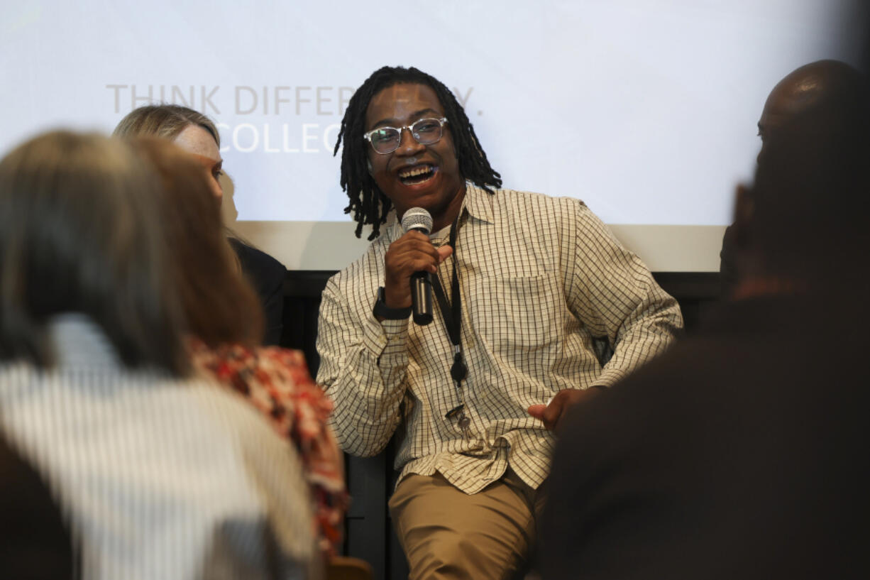 Terryon Adams, of the North Lawndale Employment Network, speaks about his experience seeking a job during the Corporate Coalition of Chicago&rsquo;s presentation on fair chance hiring at the organization&rsquo;s offices on June 13, 2024, in Chicago. (Eileen T.