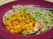 Veal Scallopini With Mango Salsa and Brown Rice and Peas.