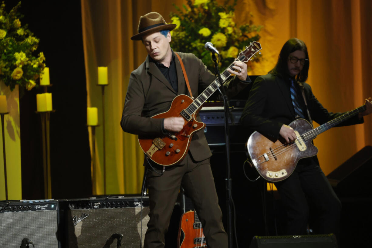 Jack White, left, and Jack Lawrence perform onstage during Coal Miner&rsquo;s Daughter: A Celebration of the Life &amp; Music of Loretta Lynn at The Grand Ole Opry on Oct. 30, 2022, in Nashville, Tennessee.