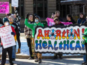 People against a ban on abortion protest at the Idaho Capitol in January 2023. (Sarah A.