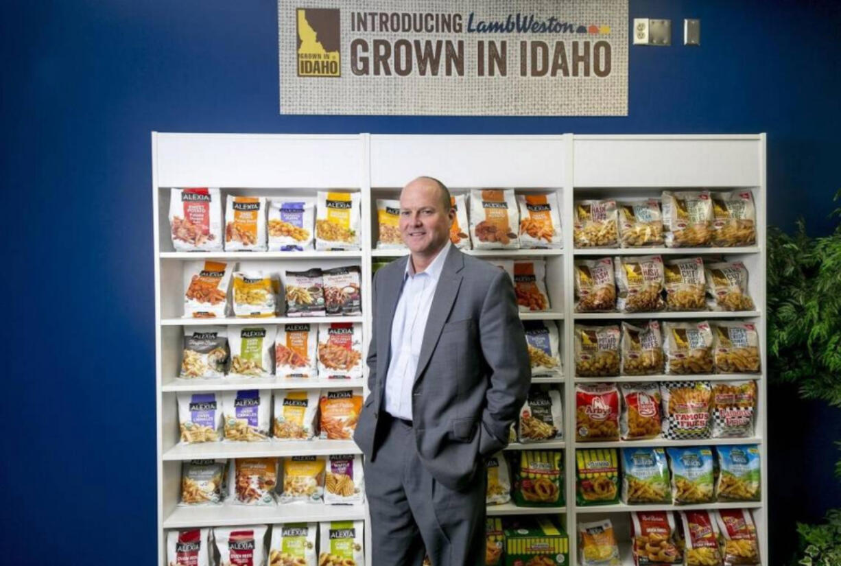 Thomas Werner in front of a display of Lamb Weston&iacute;s frozen-potato products at its new Boise office.