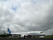 An Airbus A321 XLR aircraft, with a CFM International LEAP engine, is pictured on the opening day of the Farnborough International Airshow 2024, south west of London, on July 22, 2024.