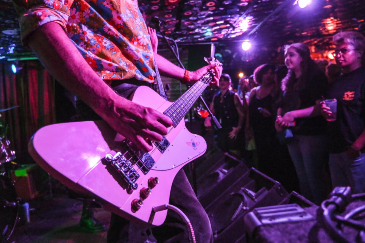 Former Nirvana bassist Krist Novoselic performs at the Belltown Yacht Club in Seattle on July 11, 2024. Novoselic chairs the startup Cascade Party, which aims to provide a centrist alternative.