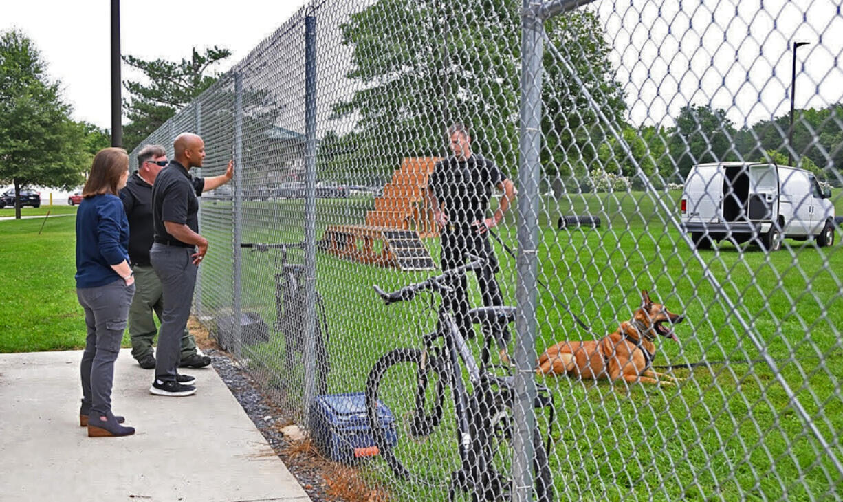 Maryland Gov. Wes Moore joins Kimberly Cheatle, then the director of the Secret Service, for a tour of the agency&rsquo;s James J. Rowley Training Center in Laurel. Cheatle resigned from her post Tuesday following scrutiny over the attempted assassination of former President Donald Trump. (Courtesy Gov.