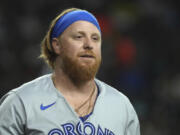 Toronto Blue Jays first base Justin Turner (2) has been acquired by the Seattle Mariners for minor league outfield prospect R.J. Schreck, the Mariners announced on Monday, July 29, 2024.