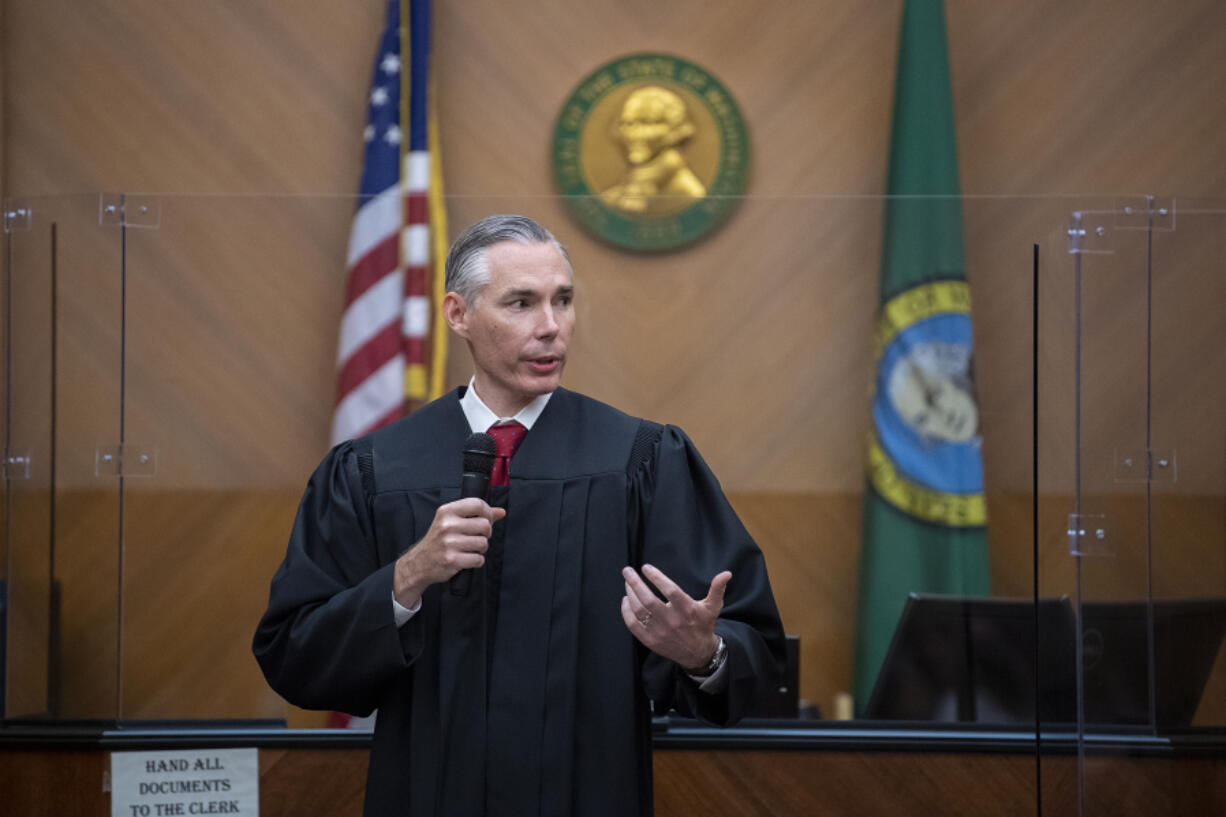 Judge James Smith speaks to the crowd at the Clark County Courthouse in August 2021.