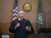 Judge James Smith speaks to the crowd at the Clark County Courthouse in August 2021.