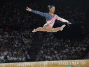 Jordan Chiles, of the United States, performs on the balance beam during the women's artistic gymnastics team finals round at Bercy Arena at the 2024 Summer Olympics, Tuesday, July 30, 2024, in Paris, France.