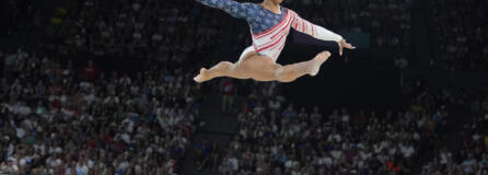 Jordan Chiles, of the United States, performs on the balance beam during the women's artistic gymnastics team finals round at Bercy Arena at the 2024 Summer Olympics, Tuesday, July 30, 2024, in Paris, France.