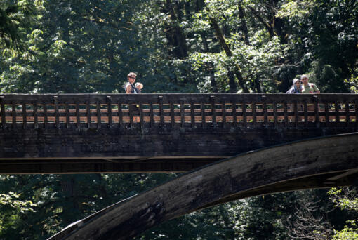 Visitors to Moulton Falls Bridge pause to check out the view Friday afternoon. The bridge will close next week for repairs.