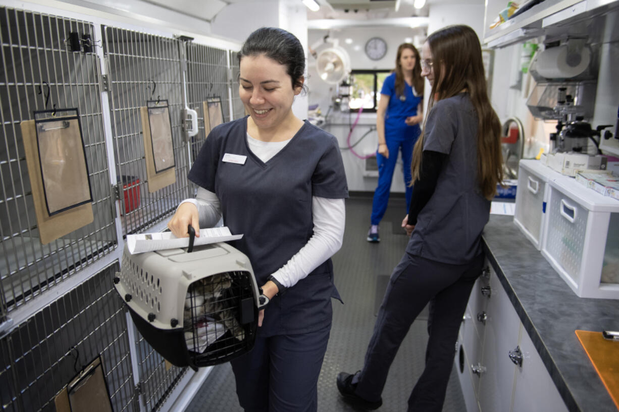 Vet assistant Isabel Chavez, from left, escorts Mia, 5, a cat available for adoption at the Humane Society for Southwest Washington, out of a mobile veterinary clinic as Dr. Kayla Harris and vet tech Kate Shimek look on Friday morning. The mobile facility will offer pet care for families who are income-qualified and struggle to access care for their animals.