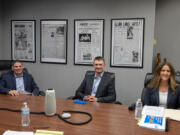 Clark Public Utilities commissioner candidates James Oneil, from left, Christopher Thobaben and Sherry Erickson meet with members of The Columbian&rsquo;s Editorial Board. The three candidates are vying to succeed Jim Malinowski, who is retiring from the board.